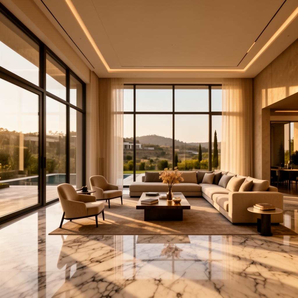 Luxury villa interior with marble flooring and natural light